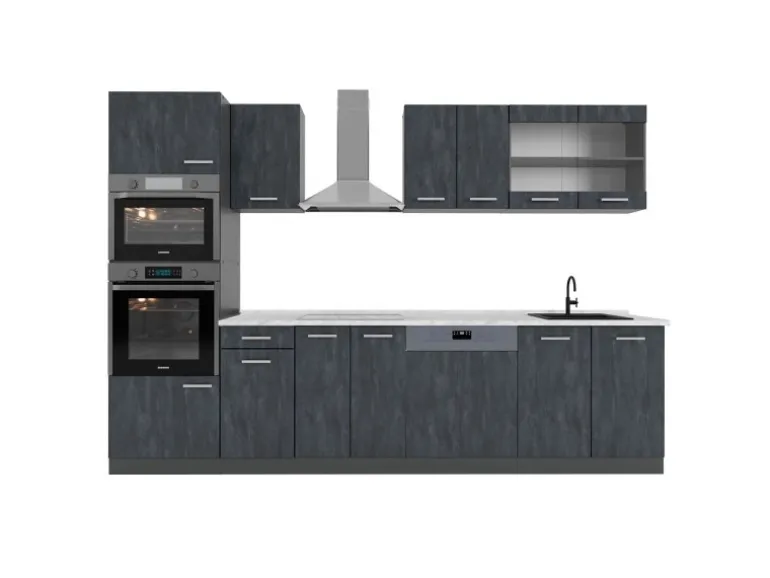 Vicco R-Line KomplettKüche Schwarz Beton/Anthrazit 300 cm AP Marmor Opt 2 ohne E-Geräte