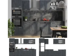 Vicco R-Line KomplettKüche Schwarz Beton/Anthrazit 300 cm AP Marmor Opt 2 ohne E-Geräte