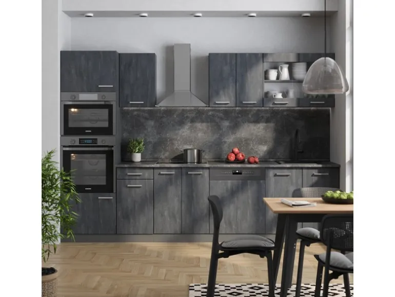 Vicco R-Line KomplettKüche Schwarz Beton/Anthrazit 300 cm AP Marmor Opt 2 ohne E-Geräte