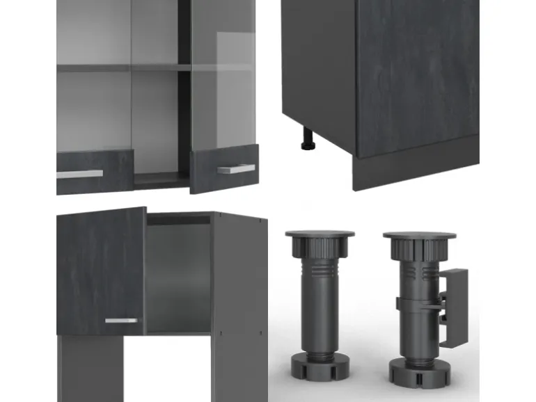 Vicco R-Line KomplettKüche Schwarz Beton/Anthrazit 300 cm AP Marmor Opt 2 ohne E-Geräte
