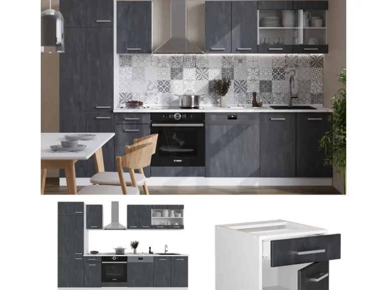 Vicco R-Line KomplettKüche Schwarz Beton/Weiß 300 cm ohne Arbeitsplatte ohne E-Geräte