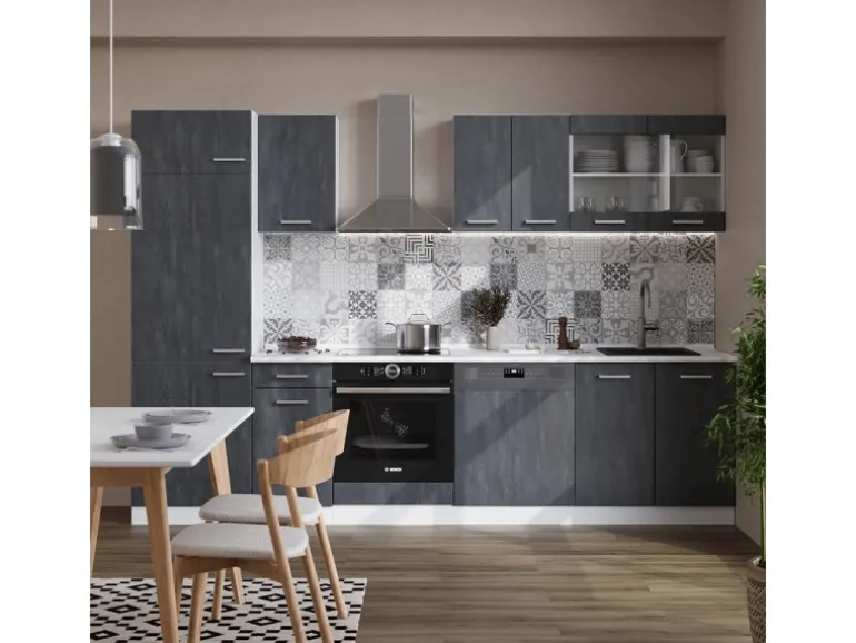 Vicco R-Line KomplettKüche Schwarz Beton/Weiß 300 cm ohne Arbeitsplatte ohne E-Geräte