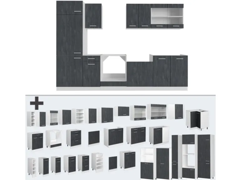 Vicco R-Line KomplettKüche Schwarz Beton/Weiß 300 cm ohne Arbeitsplatte ohne E-Geräte
