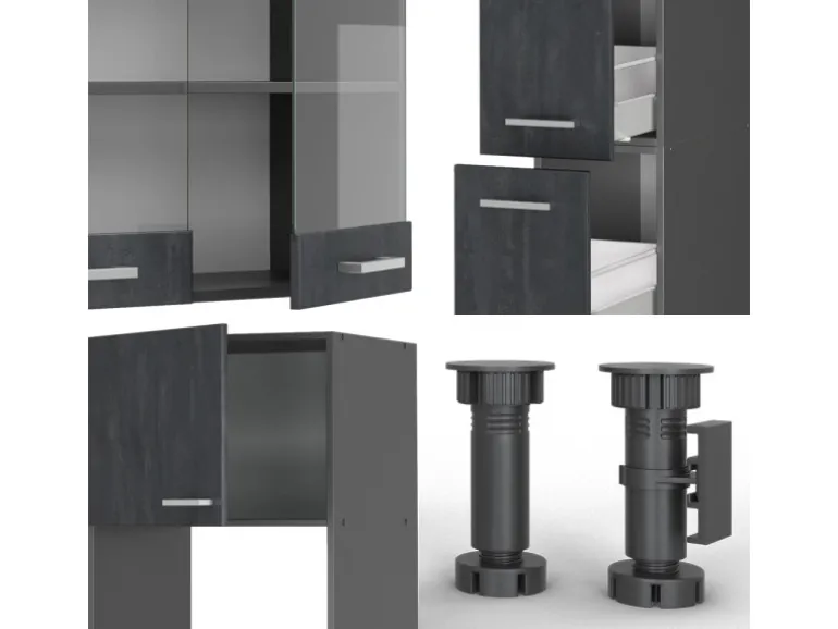 Vicco R-Line Komplettküche Schwarz Beton/Anthrazit 350 cm AP Marmor ohne E-Geräte