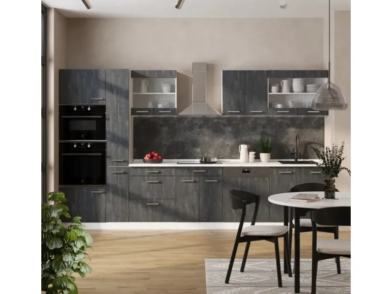 Vicco R-Line Komplettküche Schwarz Beton/Weiß 350 cm AP Anthrazit ohne E-Geräte