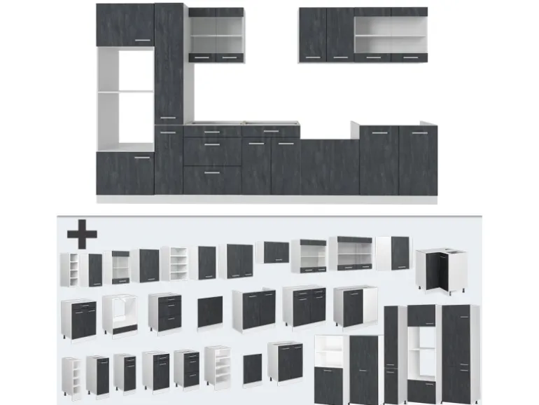 Vicco R-Line Komplettküche Schwarz Beton/Weiß 350 cm AP Anthrazit ohne E-Geräte