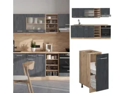 Vicco R-Line Komplettküche Schwarz Beton/Goldkraft Eiche 240 cm AP Eiche ohne E-Geräte