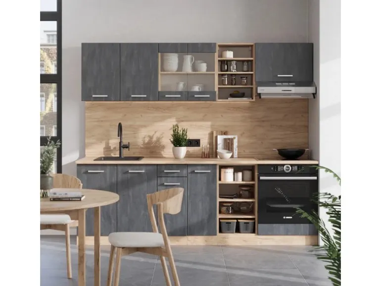 Vicco R-Line Komplettküche Schwarz Beton/Goldkraft Eiche 240 cm AP Eiche ohne E-Geräte