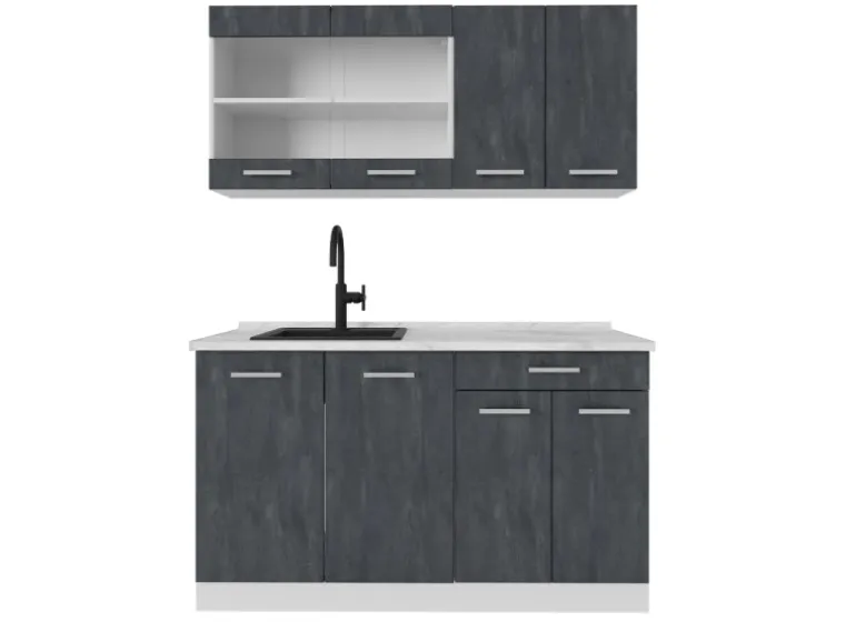 Vicco R-Line Mini Küche Schwarz Beton/Weiß 140 cm AP Marmor ohne E-Geräte