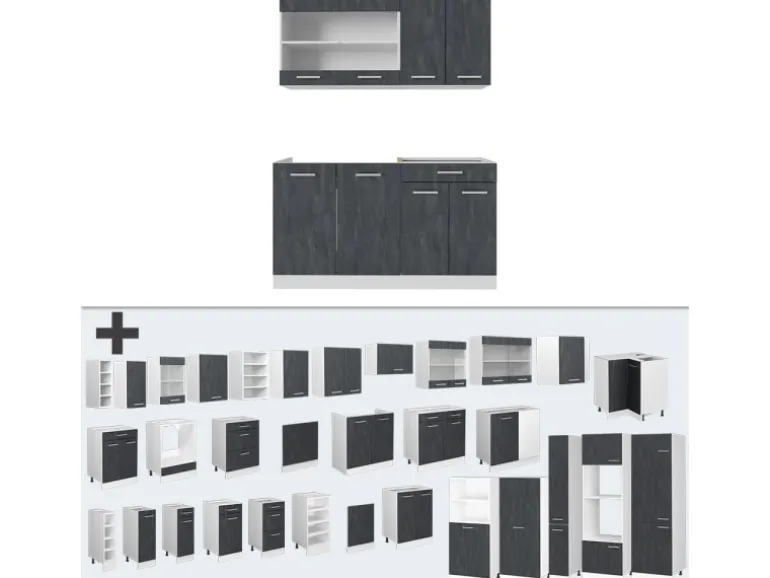 Vicco R-Line Mini Küche Schwarz Beton/Weiß 140 cm AP Marmor ohne E-Geräte
