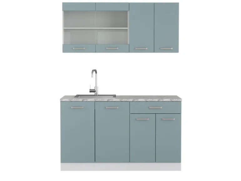 Vicco R-Line Mini-Küche Blau-Grau 140 cm AP Marmor ohne E-Geräte