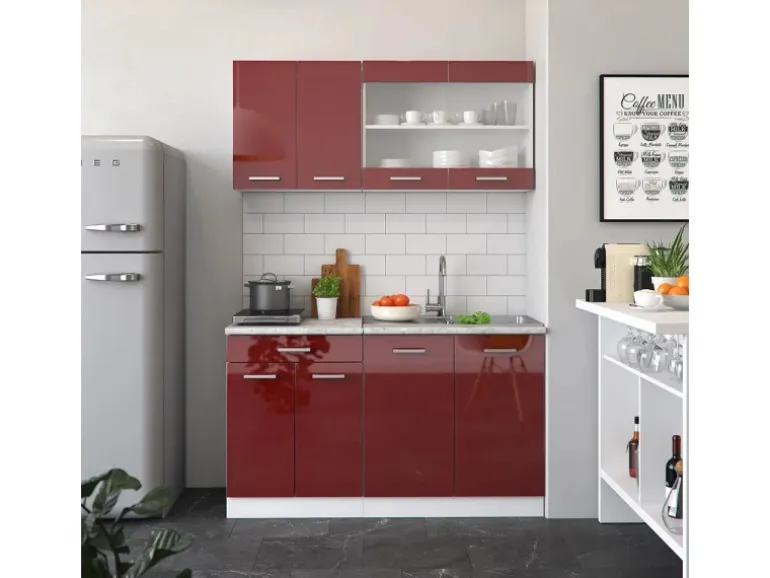 Vicco R-Line Mini-Küche Bordeaux Hochglanz/Weiß 140 cm ohne Arbeitsplatte ohne E-Geräte