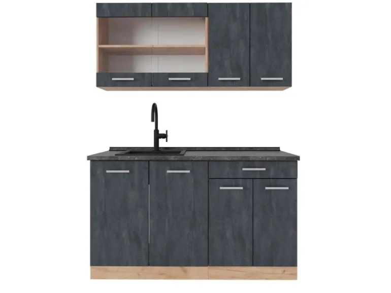 Vicco R-Line Mini-Küche Schwarz Beton/Goldkraft Eiche 140 cm AP Anthrazit ohne E-Geräte