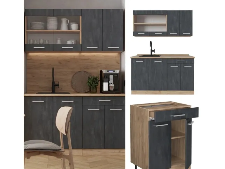 Vicco R-Line Mini-Küche Schwarz Beton/Goldkraft Eiche 140 cm AP Anthrazit ohne E-Geräte