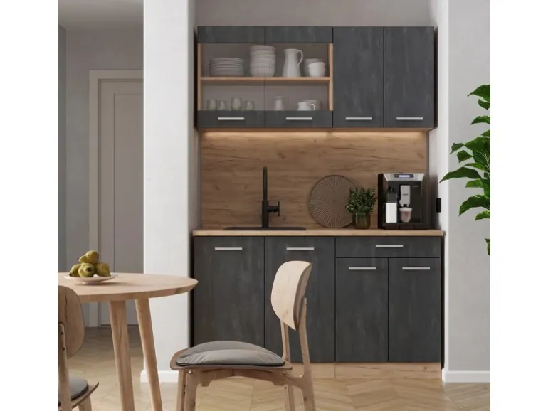 Vicco R-Line Mini-Küche Schwarz Beton/Goldkraft Eiche 140 cm AP Anthrazit ohne E-Geräte