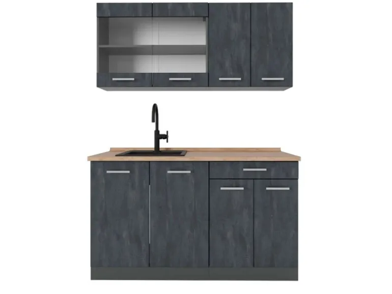 Vicco R-Line Mini-Küche Schwarz Beton/Anthrazit 140 cm AP Eiche ohne E-Geräte