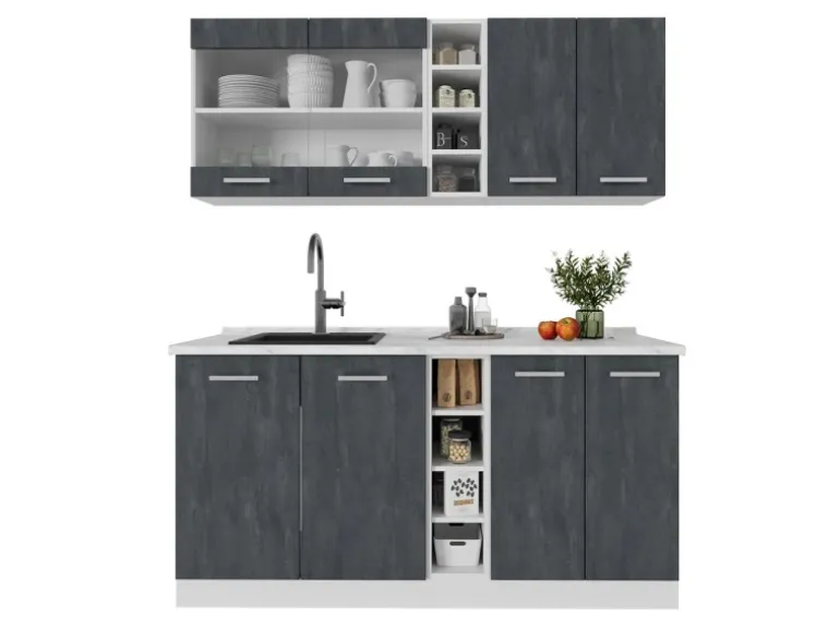 Vicco R-Line Mini-Küche Schwarz Beton/Weiß 160 cm ohne Arbeitsplatte ohne E-Geräte