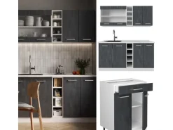 Vicco R-Line Mini-Küche Schwarz Beton/Weiß 160 cm ohne Arbeitsplatte ohne E-Geräte