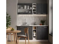 Vicco R-Line Mini-Küche Schwarz Beton/Weiß 160 cm ohne Arbeitsplatte ohne E-Geräte