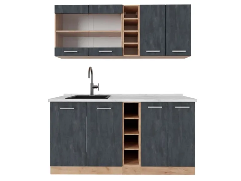 Vicco R-Line Mini-Küche Schwarz Beton/Goldkraft Eiche 160 cm AP Marmor ohne E-Geräte