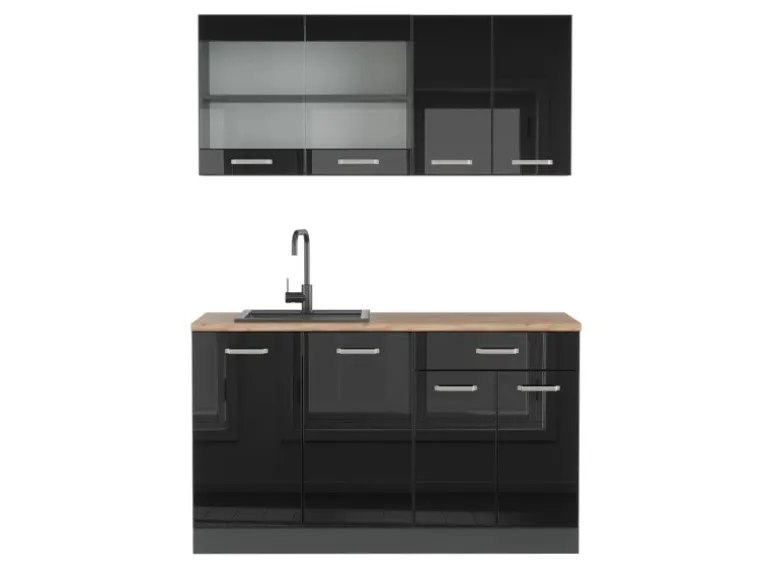 Vicco R-Line Mini-Küche Schwarz Hochglanz/Anthrazit 140 cm ohne Arbeitsplatte ohne E-Geräte