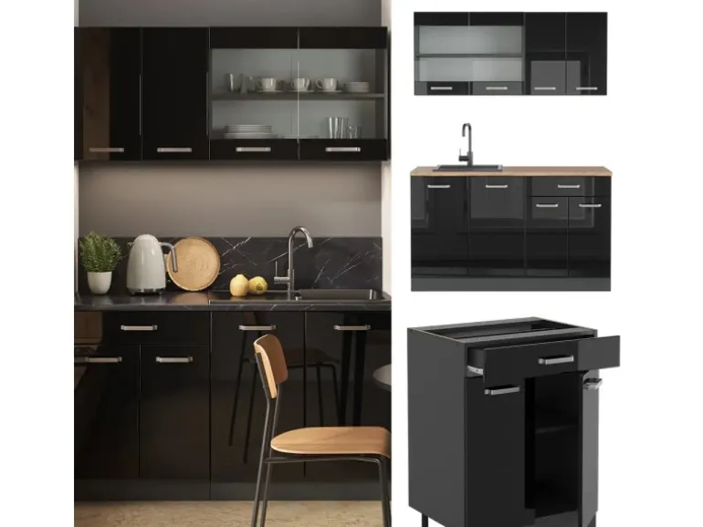 Vicco R-Line Mini-Küche Schwarz Hochglanz/Anthrazit 140 cm ohne Arbeitsplatte ohne E-Geräte