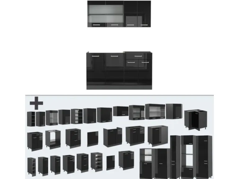 Vicco R-Line Mini-Küche Schwarz Hochglanz/Anthrazit 140 cm ohne Arbeitsplatte ohne E-Geräte