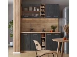 Vicco R-Line Mini-Küche Schwarz Beton/Goldkraft Eiche 160 cm AP Eiche ohne E-Geräte