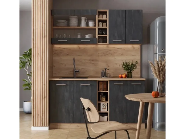 Vicco R-Line Mini-Küche Schwarz Beton/Goldkraft Eiche 160 cm AP Eiche ohne E-Geräte
