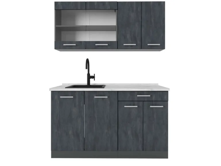 Vicco R-Line Mini-Küche Schwarz Beton/Anthrazit 140 cm AP Marmor ohne E-Geräte