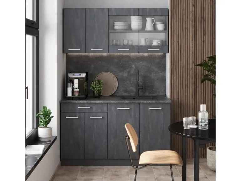 Vicco R-Line Mini-Küche Schwarz Beton/Anthrazit 140 cm AP Marmor ohne E-Geräte
