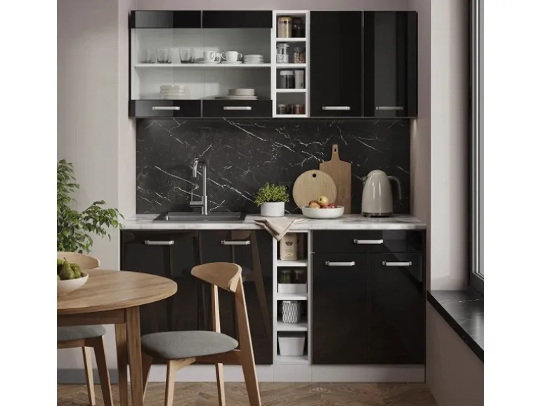 Vicco R-Line Mini-Küche Schwarz Hochglanz/Weiß 160 cm ohne Arbeitsplatte ohne E-Geräte