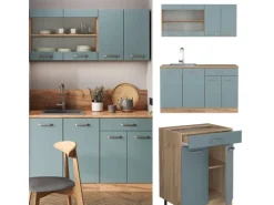 Vicco R-Line Single Küche Blau-Grau/Goldkraft Eiche 140 cm ohne Arbeitsplatte ohne E-Geräte