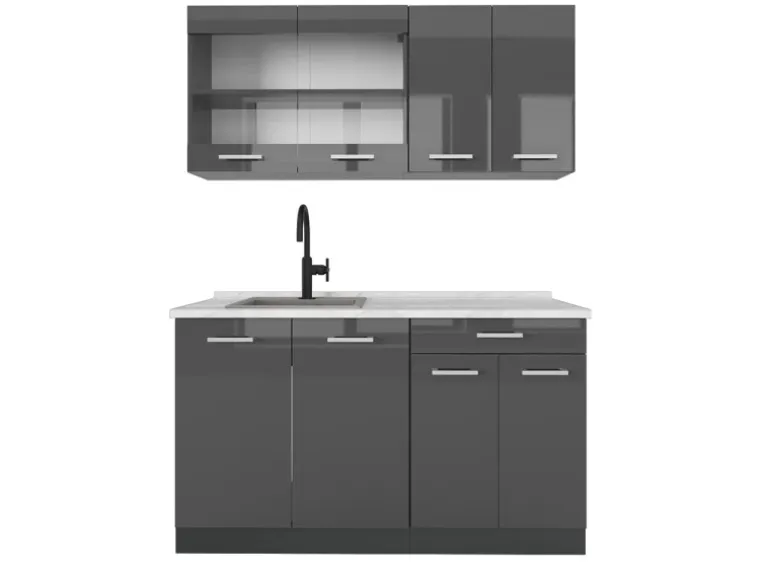 Vicco R-Line Singleküche Anthrazit Hochglanz/Anthrazit 140 cm AP Marmor ohne E-Geräte