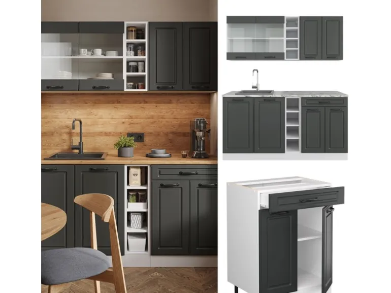 Vicco R-Line Singleküche Anthrazit Landhaus/Weiß 160 cm AP Anthrazit ohne E-Geräte