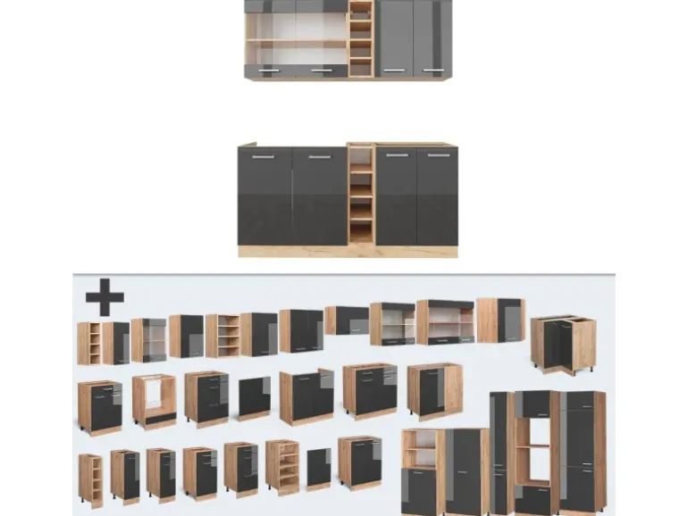 Vicco R-Line Singleküche Anthrazit Hochglanz/Goldkraft Eiche 160 cm AP Eiche ohne E-Geräte