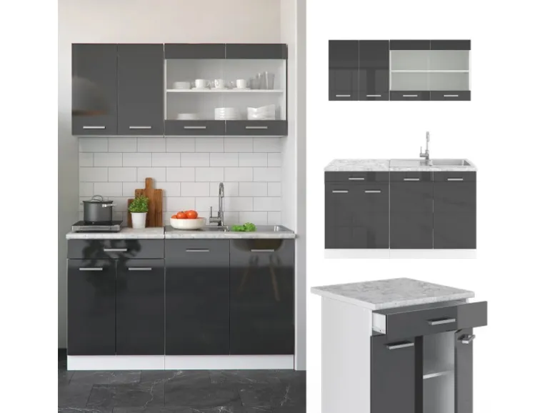 Vicco R-Line Singleküche Anthrazit Hochglanz/Weiß 140 cm AP Eiche ohne E-Geräte