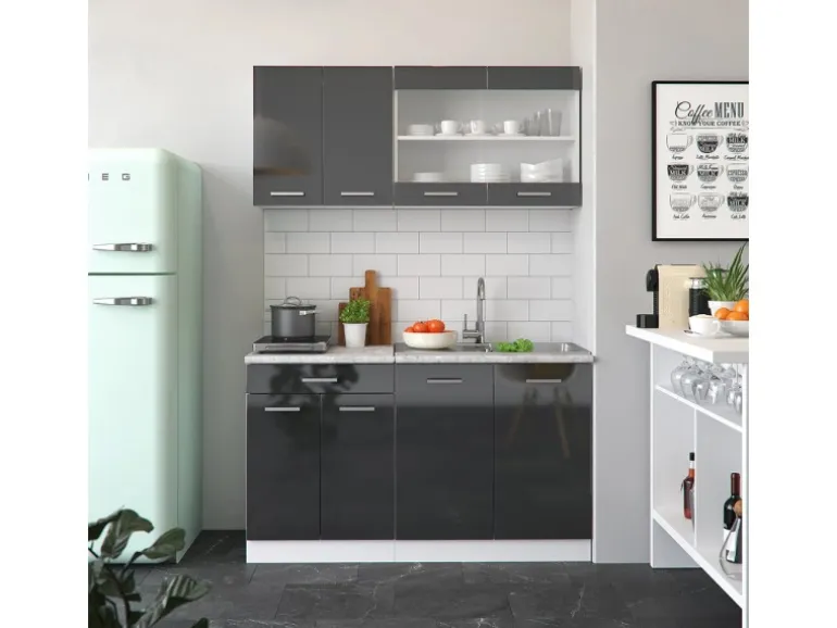 Vicco R-Line Singleküche Anthrazit Hochglanz/Weiß 140 cm AP Eiche ohne E-Geräte