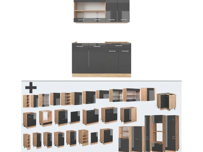 Vicco R-Line Singleküche Anthrazit Hochglanz/Goldkraft Eiche 140 cm AP Marmor ohne E-Geräte