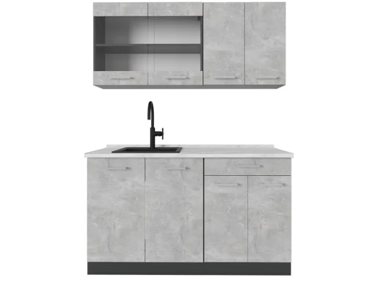 Vicco R-Line Singleküche Beton/Anthrazit 140 cm AP Marmor ohne E-Geräte