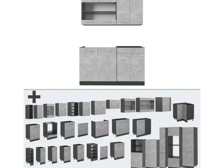 Vicco R-Line Singleküche Beton/Anthrazit 140 cm AP Marmor ohne E-Geräte