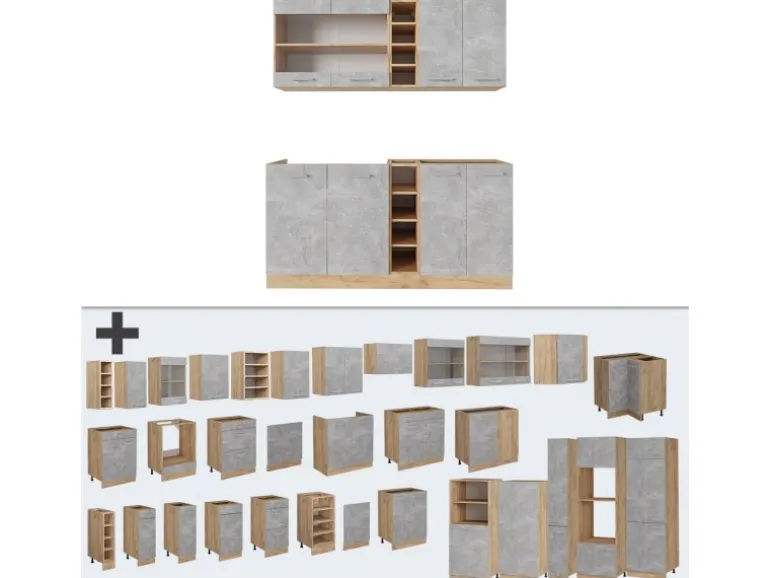 Vicco R-Line Singleküche Beton/Goldkraft Eiche 160 cm ohne Arbeitsplatte ohne E-Geräte