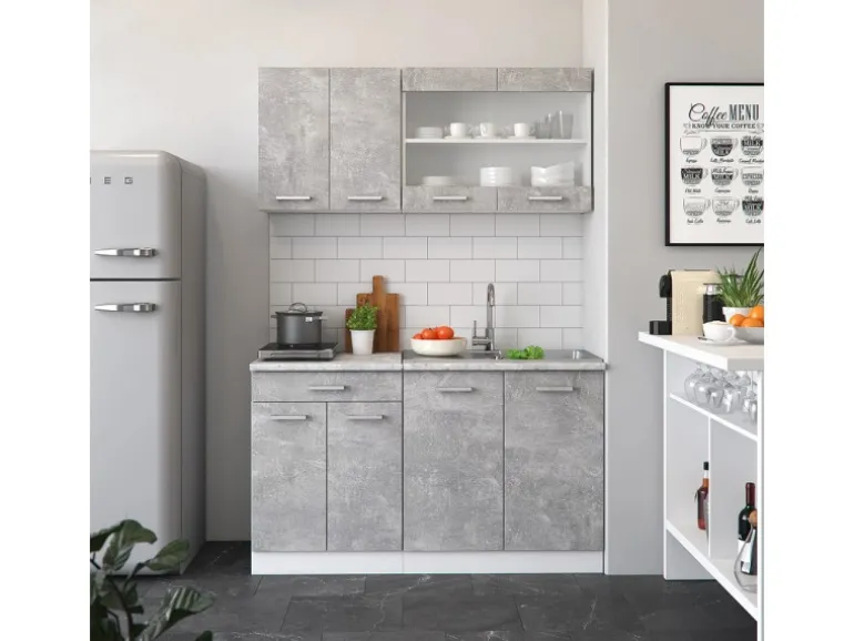 Vicco R-Line Singleküche Beton 140 cm AP Marmor ohne E-Geräte
