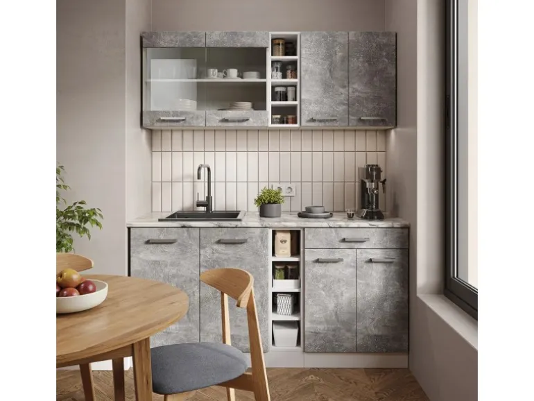 Vicco R-Line Singleküche Beton/Weiß 160 cm ohne Arbeitsplatte ohne E-Geräte