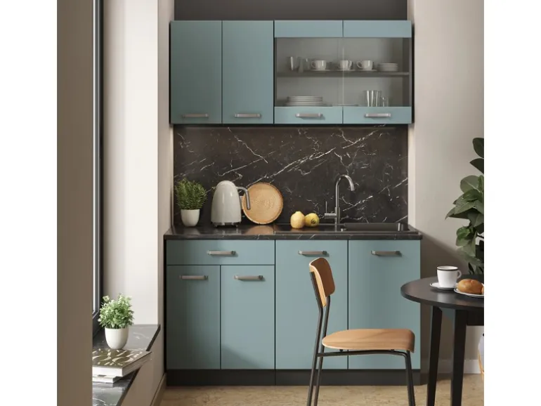 Vicco R-Line Singleküche Blau-Grau/Anthrazit 140 cm AP Eiche ohne E-Geräte