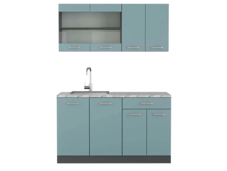 Vicco R-Line Singleküche Blau-Grau/Anthrazit 140 cm AP Marmor ohne E-Geräte