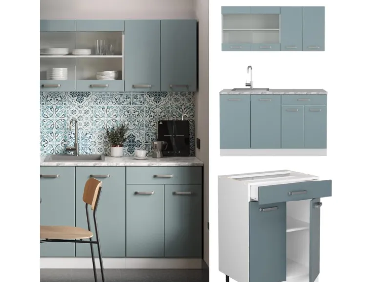 Vicco R-Line Singleküche Blau-Grau/Weiß 140 cm AP Eiche ohne E-Geräte