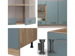 Vicco R-Line Singleküche Blau-Grau/Goldkraft Eiche 140 cm AP Marmor ohne E-Geräte