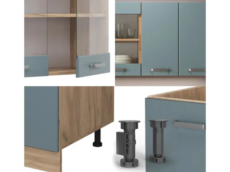 Vicco R-Line Singleküche Blau-Grau/Goldkraft Eiche 140 cm AP Marmor ohne E-Geräte