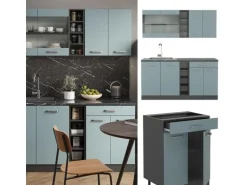 Vicco R-Line Singleküche Blau-Grau/Anthrazit 160 cm AP Marmor ohne E-Geräte
